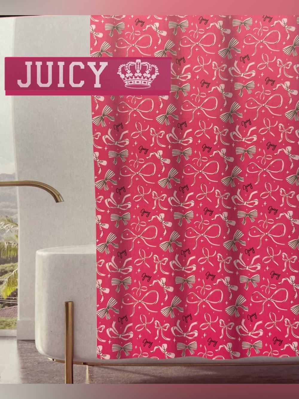 Juicy Couture Dark Pink w/ White Bowknots Shower Curtain 70x72 NEW NWT